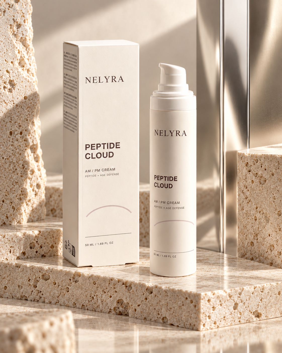 NELYRA PEPTIDE CLOUD sur travertin et chrome