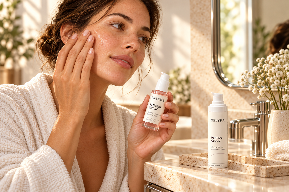 Routine matinale NELYRA avec Renewal Serum et Peptide Cloud