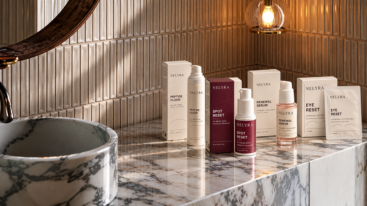 La gamme NELYRA dans une véritable salle de bain en marbre