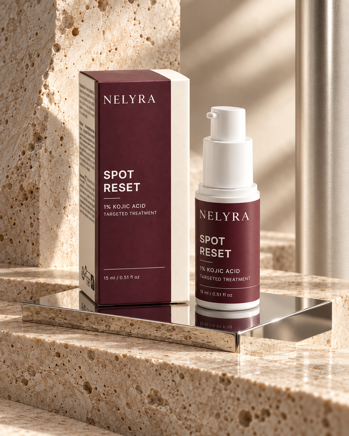 NELYRA SPOT RESET sur travertin et chrome